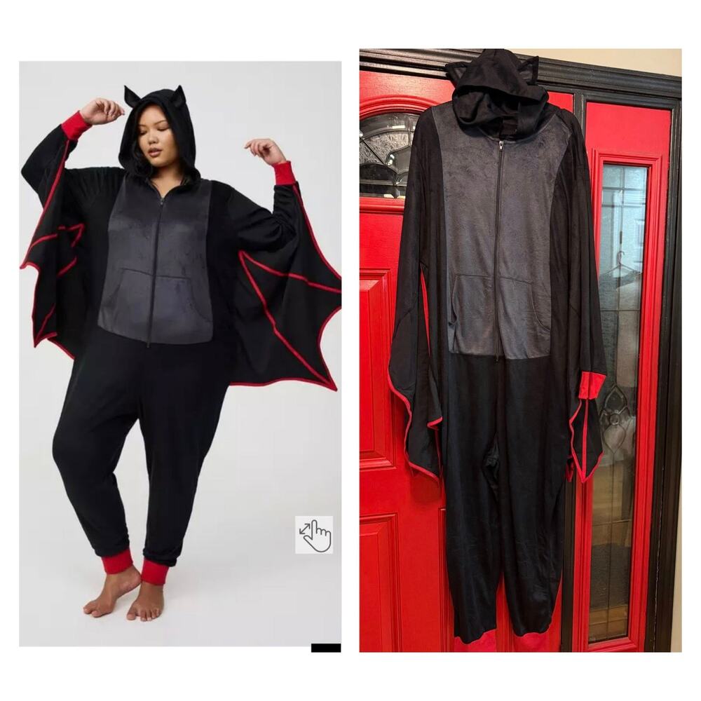 Torrid 1X/2X Bat with Ears & Wings Punk Goth Hooded One Piece Union Suit Pajamas